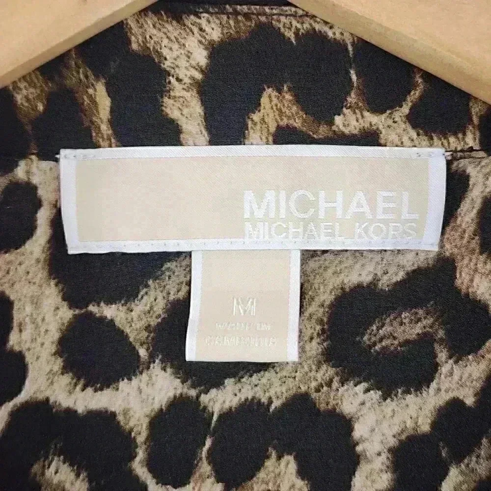 Michael Kors Full Zip Collar Leopard Long Tab Sleeve Chiffon Blouse M